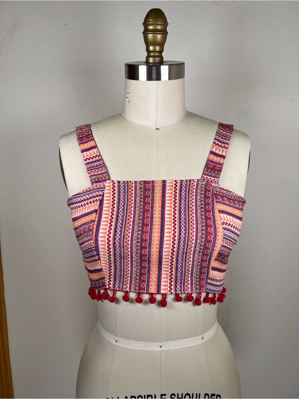 Cider Multicolor Striped Crop Top with Red Pom Trim